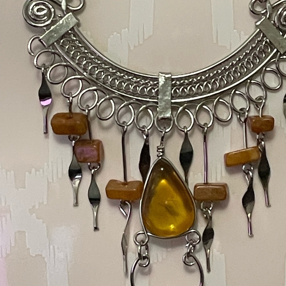 Ornate Amber and Crystal Pendant‎ Necklace - Handmade from Thailand - Picture 3 of 4